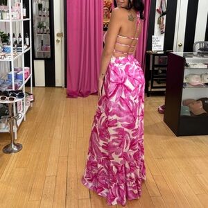 Pink and White Floral Maxi Halter Dress